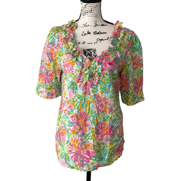 Lilly Pulitzer Silk Blouse Floral Ruffle Neck Short Sleeve Green Pink Top Size L - Picture 1 of 8